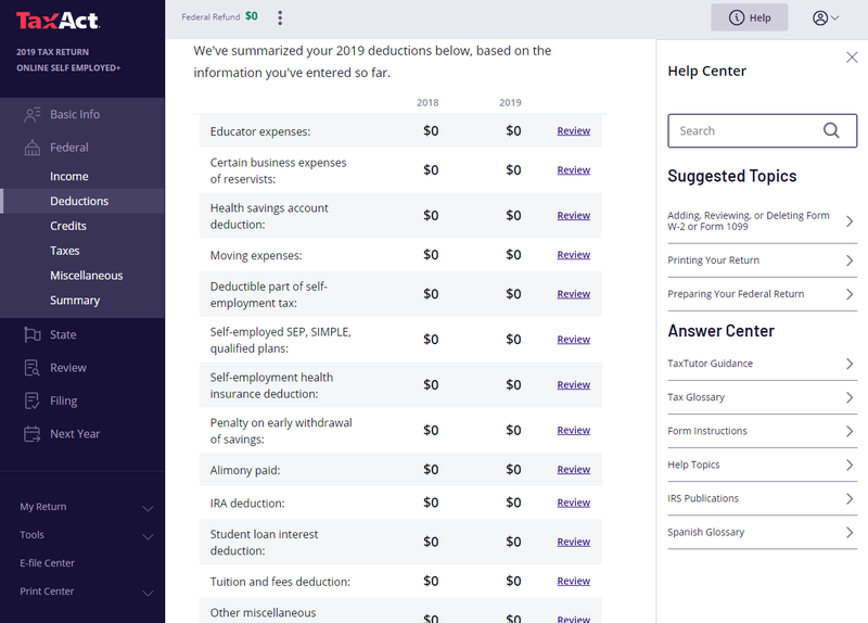 TaxAct screenshot displaying optional deductions to include.