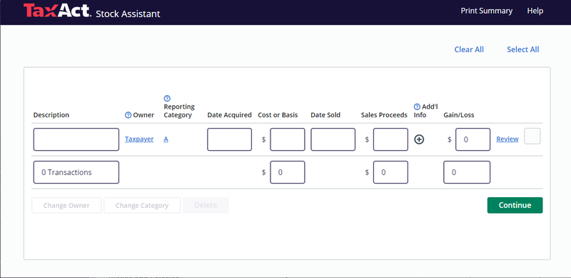 TaxAct screenshot displaying the Stock Assistant calculator.