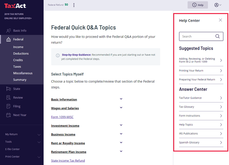 TaxAct screenshot displaying Q&A topics in the Help Center.