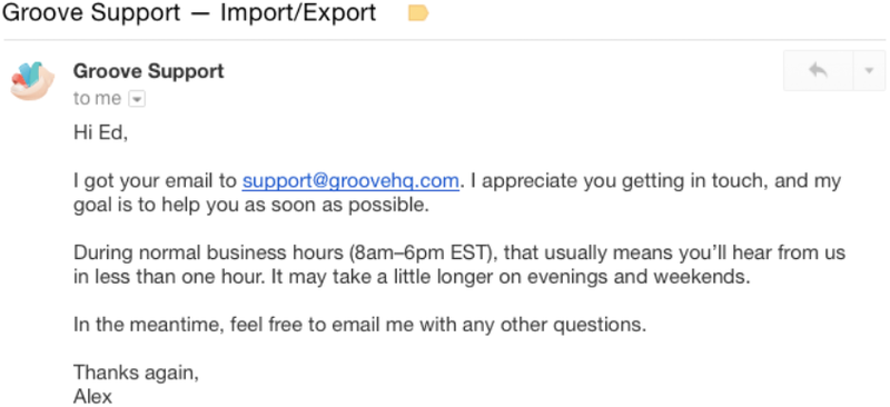 A customer service email from a Groove software support team member.