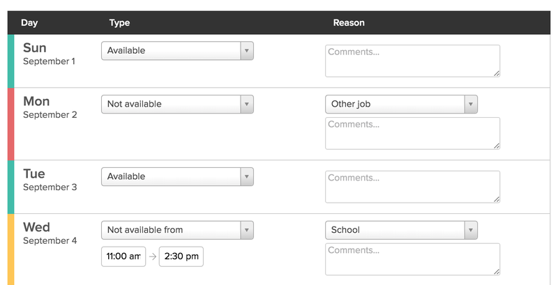 7shifts’s scheduling tool, which shows whether employees are available for shifts and the reason behind it.