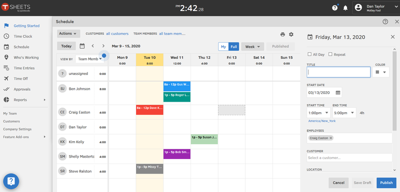 Tsheets’ scheduling functionality showing shifts assigned in each week.