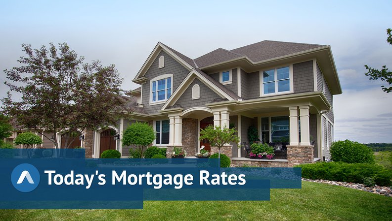 Large fancy home and lush lawn with Daily Mortgage Rates graphics.