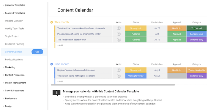 monday.com's grid view project template breaks out tasks, assigned personnel, and due dates.