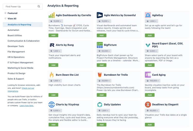 Trello screen showing different power up extensions with options to select from different categories.