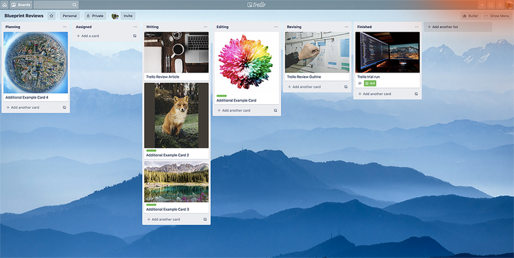 Trello software screen showing a kanban board with colorful images on tasks.