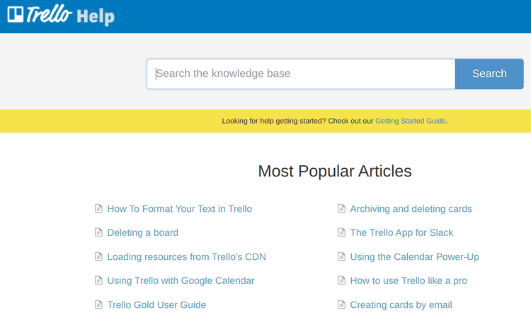 The Trello knowledge base has a search bar with two columns under it listing the 10 most popular articles.
