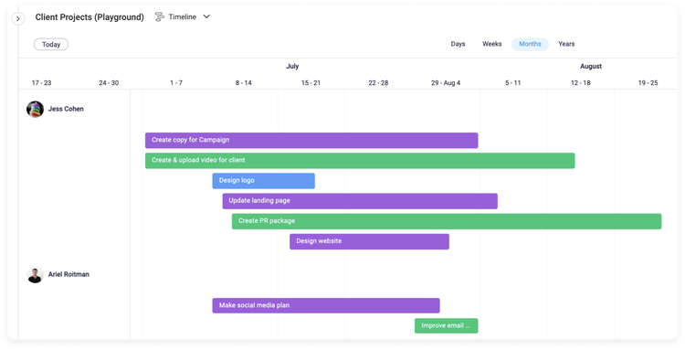 Team member workloads and tasks are displayed in a Gantt-like bar chart.