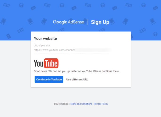 The AdSense sign-up page for your YouTube account.