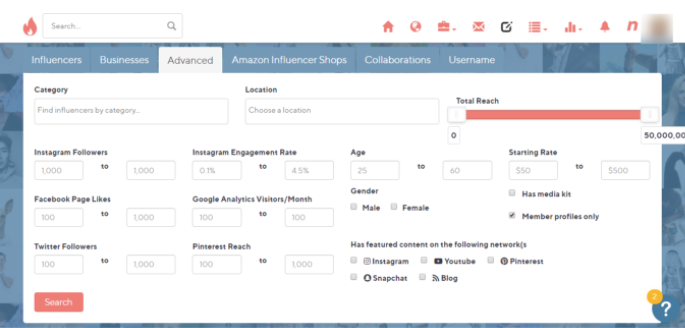 Influencer's search options