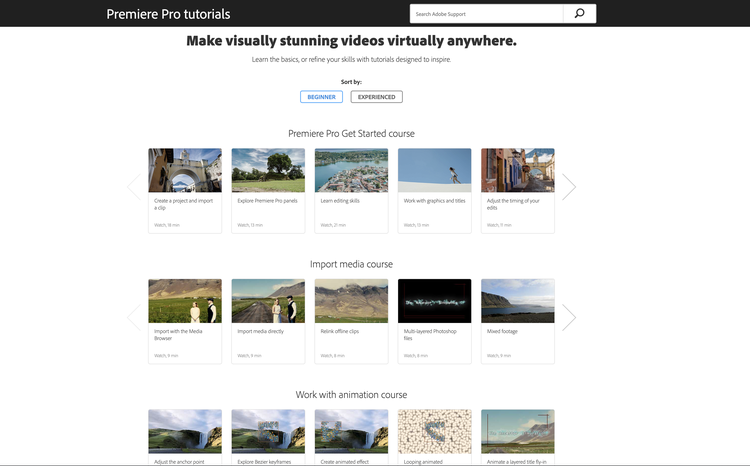 Adobe’s web page for Premiere Pro tutorials.