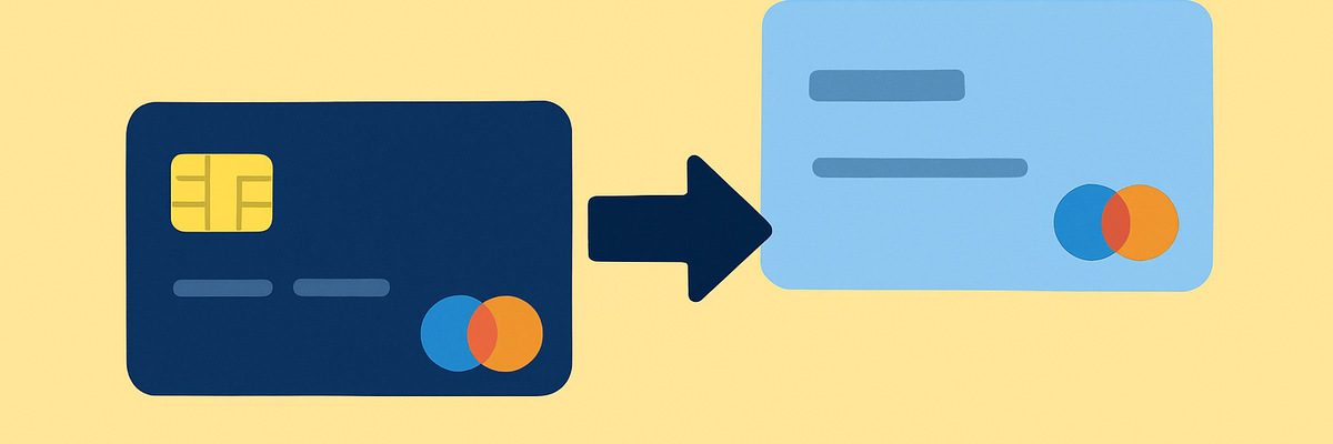 Two credit cards of different shades of blue with an arrow pointing between them.