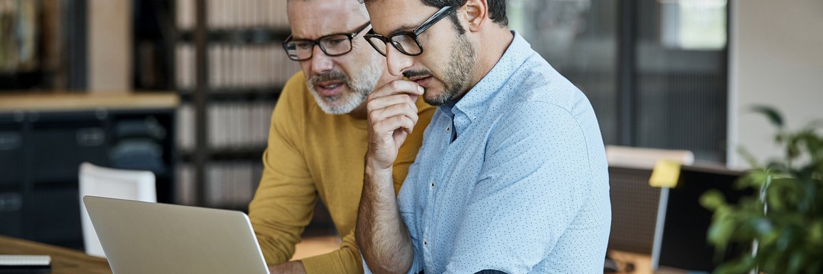 Two men in thought looking at a laptop screen together.