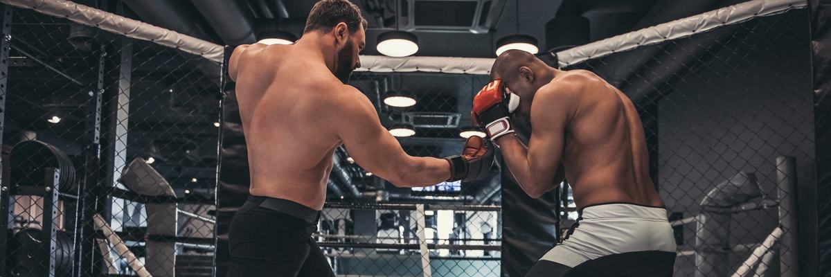 Two mma fighters facing off in the ring.
