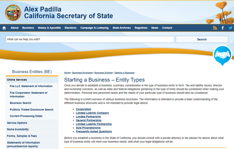 Screenshot of the California Secretary of State Business Entities page.