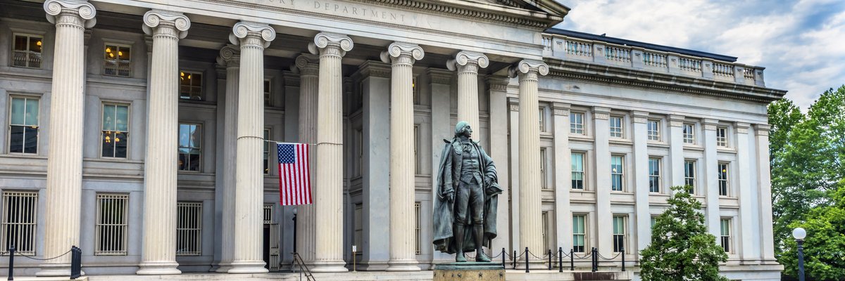 A statue in the plaza in front of the U.S. Treasury Building.