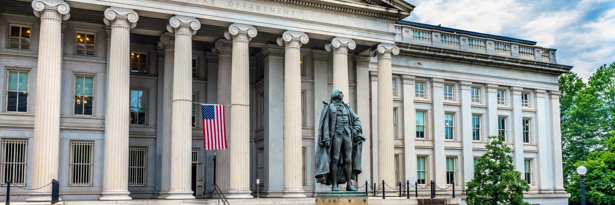 A statue in the plaza in front of the U.S. Treasury Building.
