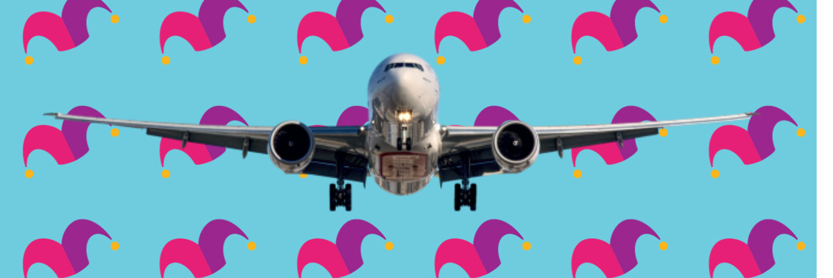 A flying airplane over a blue background
