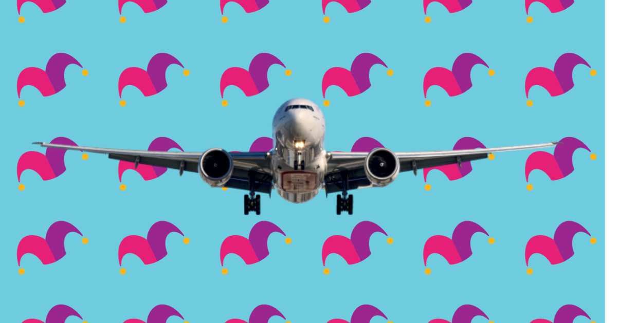 A flying airplane over a blue background