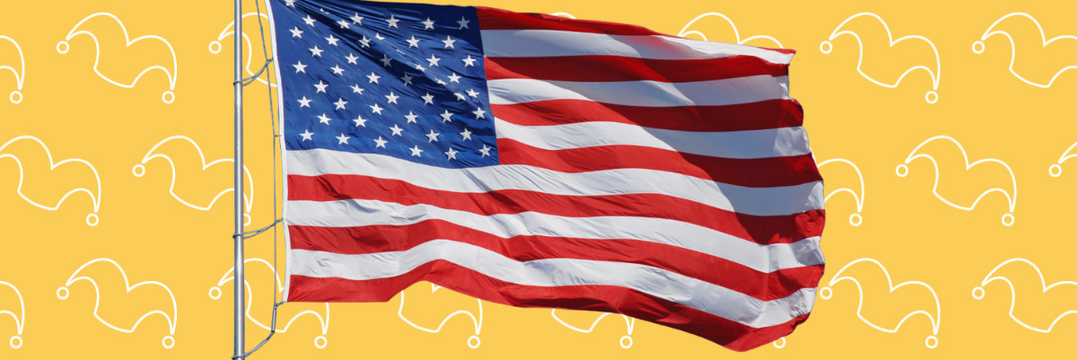 An American flag over a yellow background