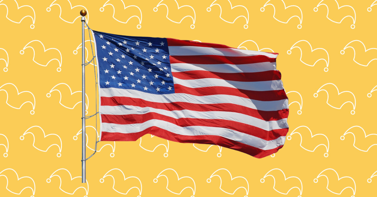 An American flag over a yellow background