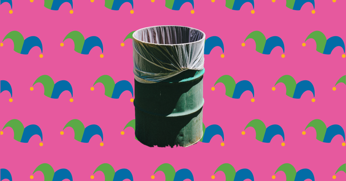 A trash can over a bright background covered in jester caps
