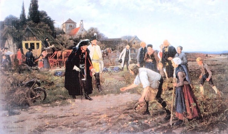 A painting of Federick the Great watching peasants grow potatoes.