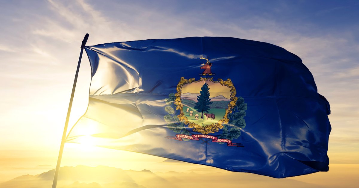 The Vermont state flag flying in front of a sunny sky.