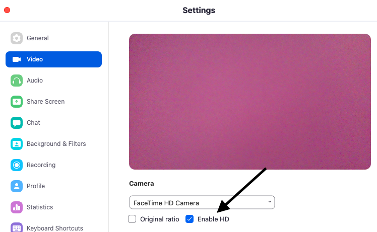 A view of the settings page and how to select Enable HD under the Video Settings tab.