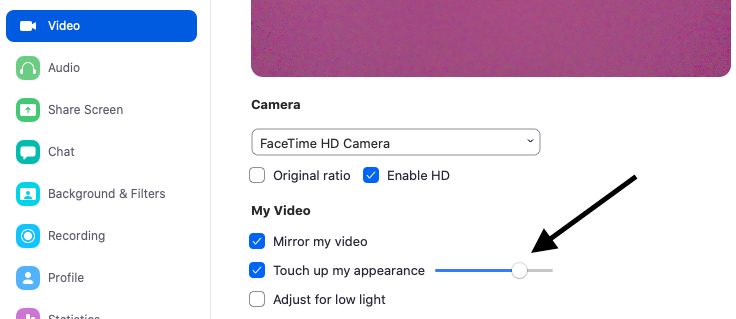 A view of the “touch up my appearance” option under the Video Settings tab.