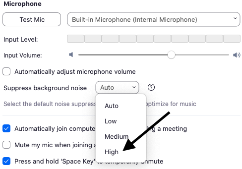 A screenshot of the “suppress background noise” option under Zoom’s Audio Settings.