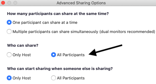 Everyone can share their screens on a Zoom conference call with the All Participants button.