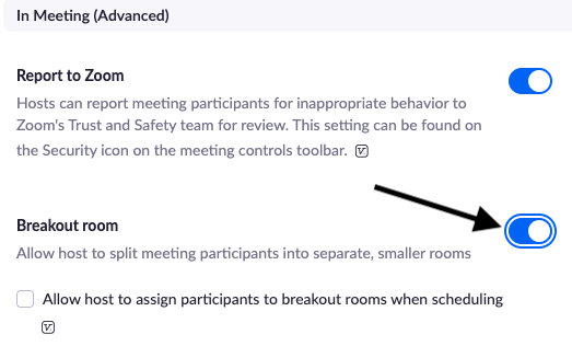 A screenshot of instructions about how to enable the breakout room feature on the Zoom web portal.
