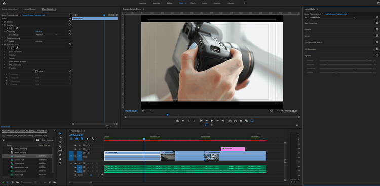A screenshot of the Premiere Pro software showing the before and after of the vignette effect.