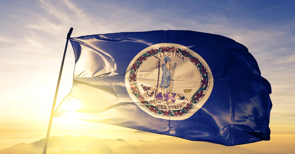 The Virginia state flag flying in front of a sunny sky.