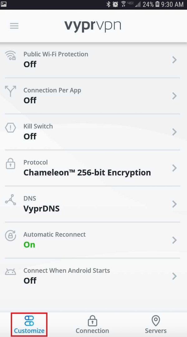VyprVPN settings are shown on a smartphone.