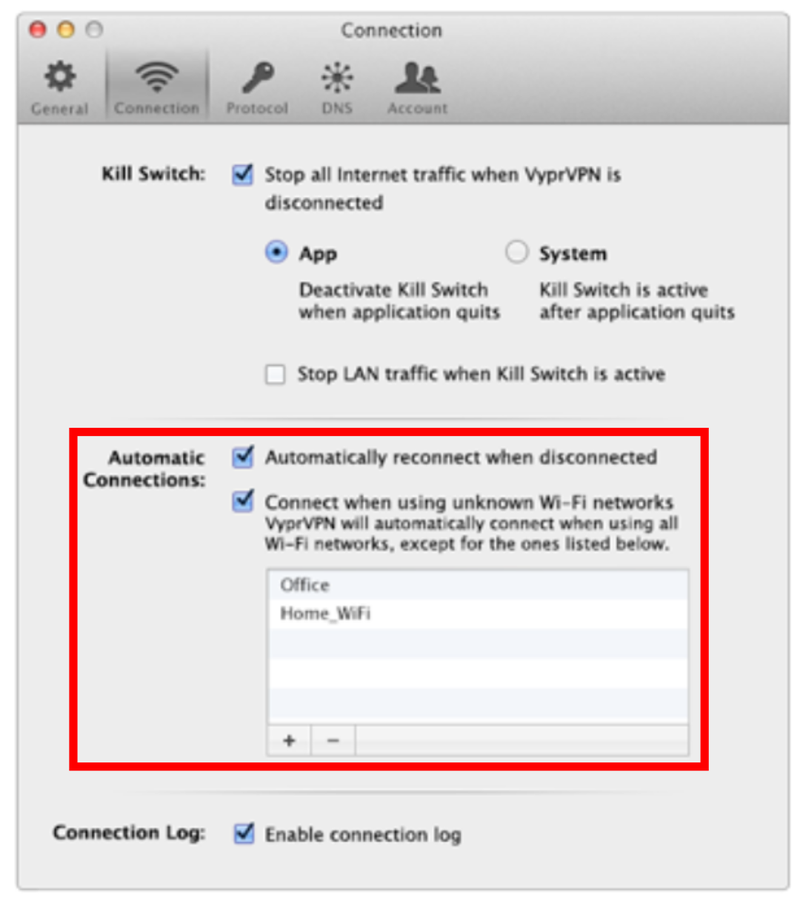 The VyprVPN Kill Switch configuration dialog box has multiple options.