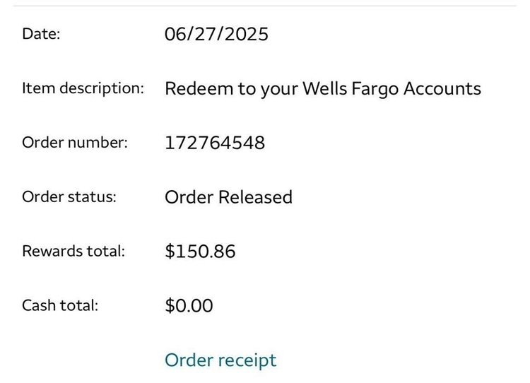 Wells Fargo Redemption receipt screenshot