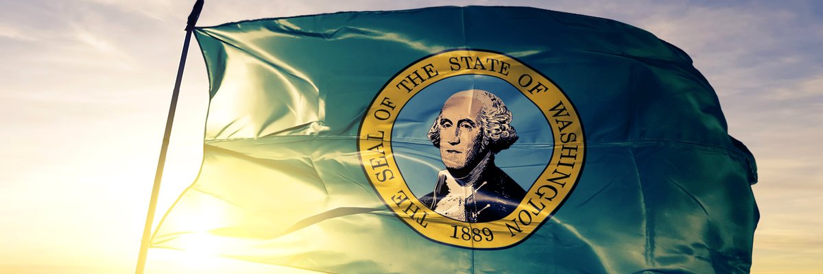 The state flag of Washington flying in front of a sunny sky.