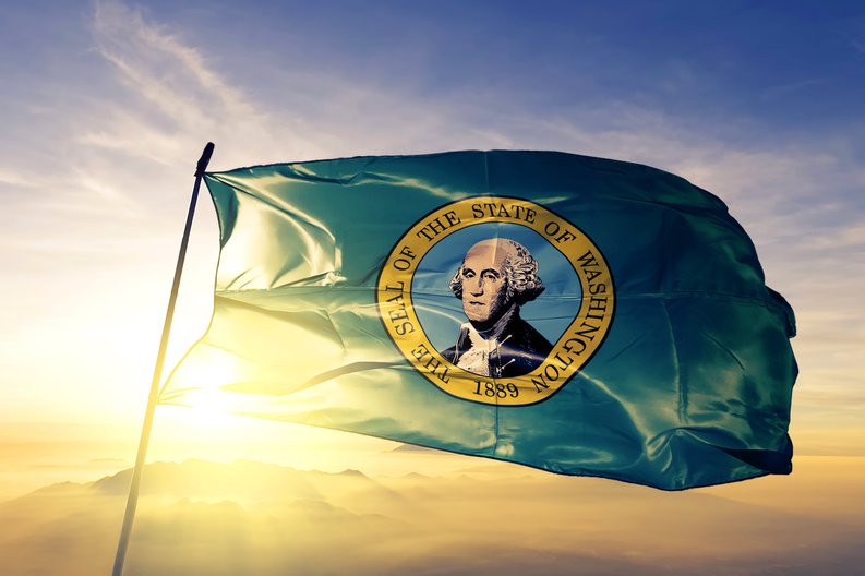 The state flag of Washington flying in front of a sunny sky.