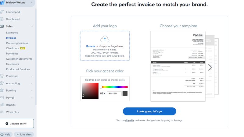 Wave template to create invoice with drag and drop logo placement