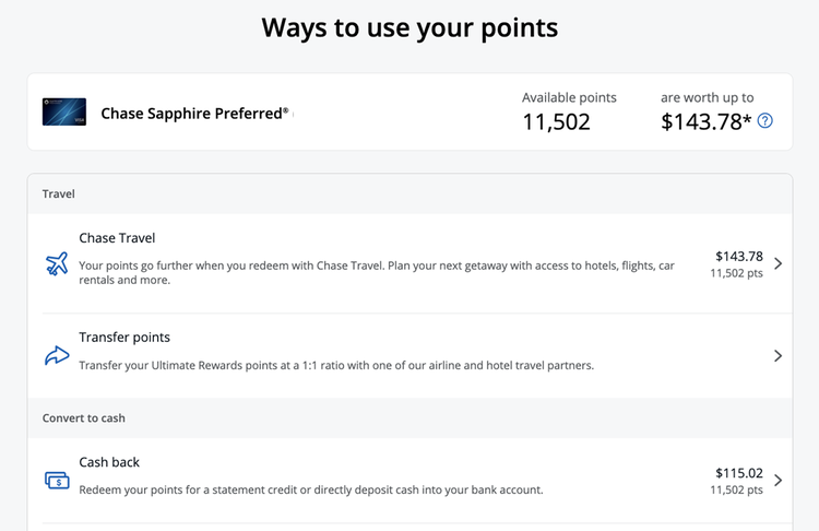 Chase Ultimate Rewards screen showing points redemption options