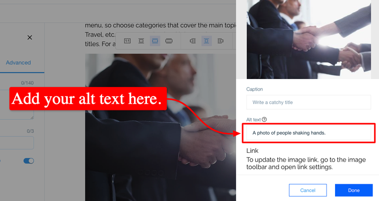 The section in Wix where you can add an alt text to your images.