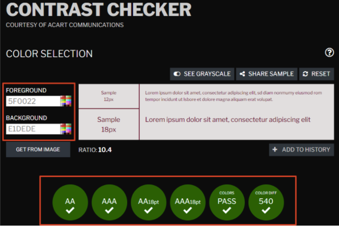 The color selections and ratio and their WCAG compliance rating.