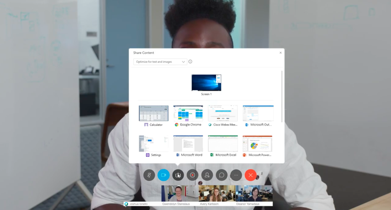 Webex Meetings’ screen sharing options window showing nine different screens that can be shared.