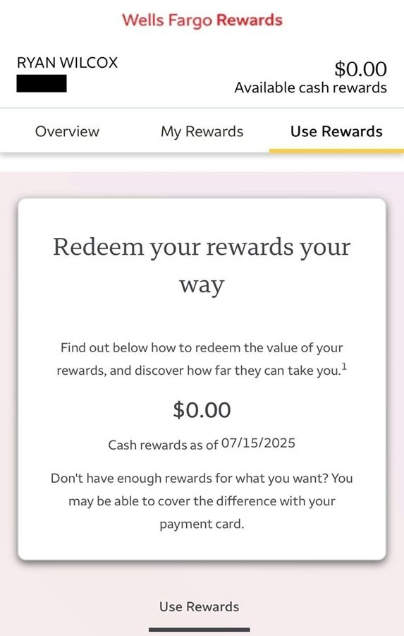 Wells Fargo reward redemption screenshot