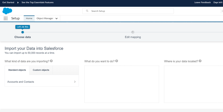 Salesforce CRM contact import screen with prompt asking what kind of data the user would like to upload.