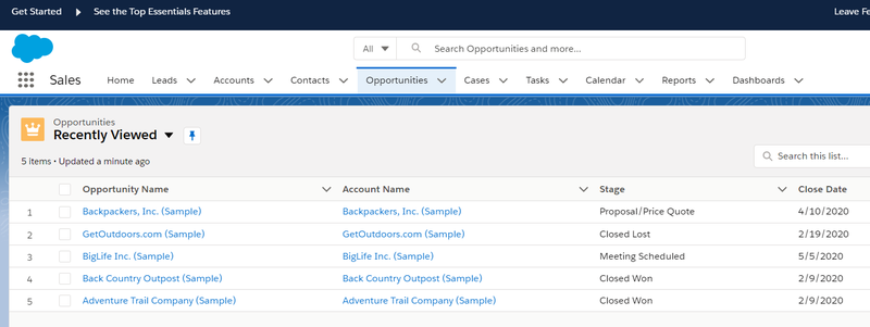 Salesforce CRM opportunity screen with ability to sort opportunities by name, account name, stage, and close date.