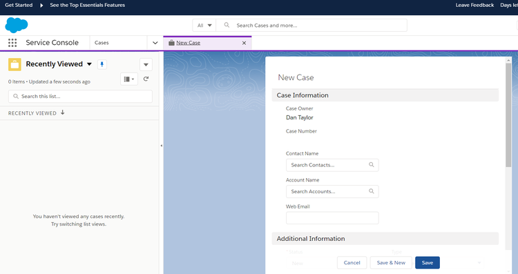 Salesforce CRM screen to create a new case with data for case owner, customer name, account name, etc.