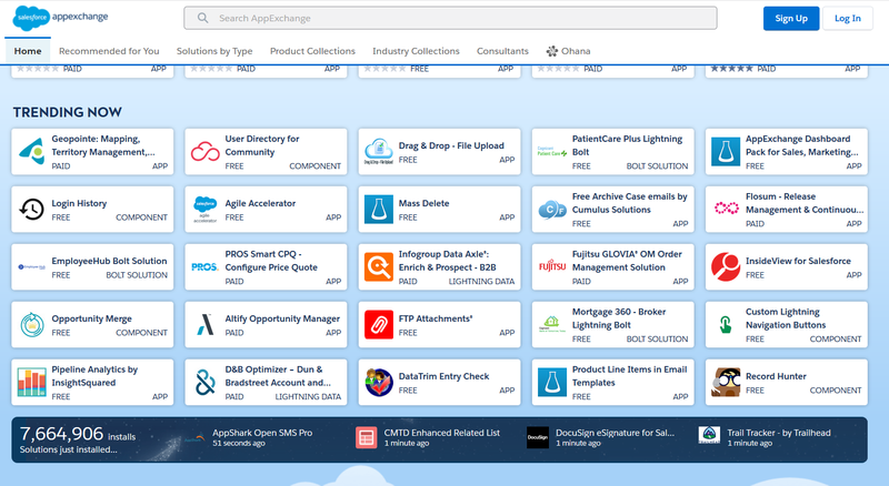 Salesforce CRM AppExchange page with different integrations listed in a tiled layout.